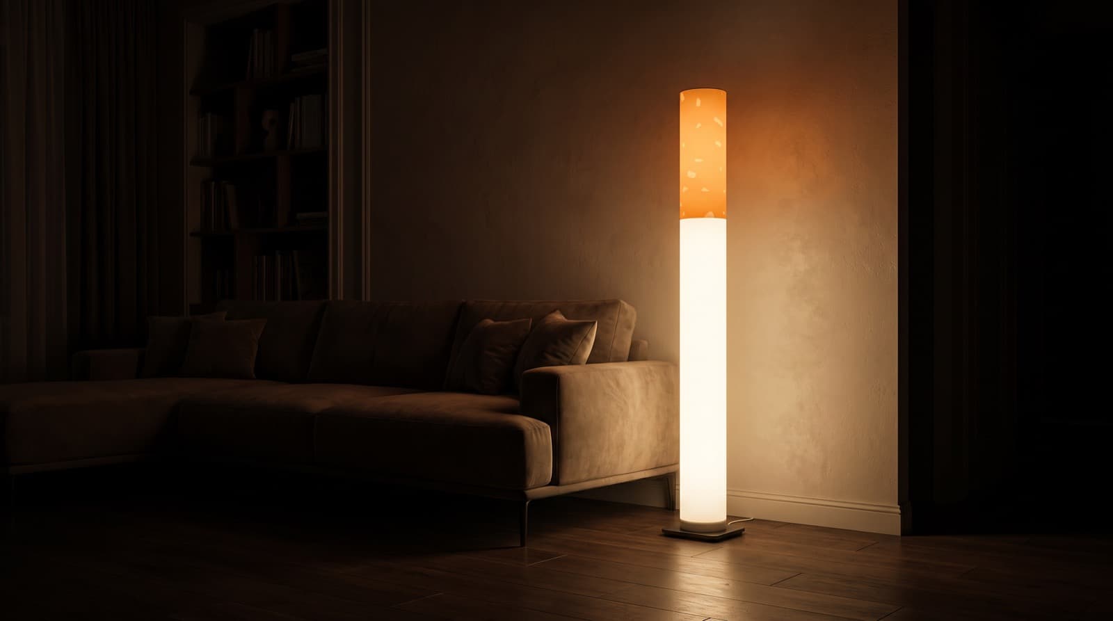 The cigarette lamp glowing as warm mood lighting, the only light in a dark living room