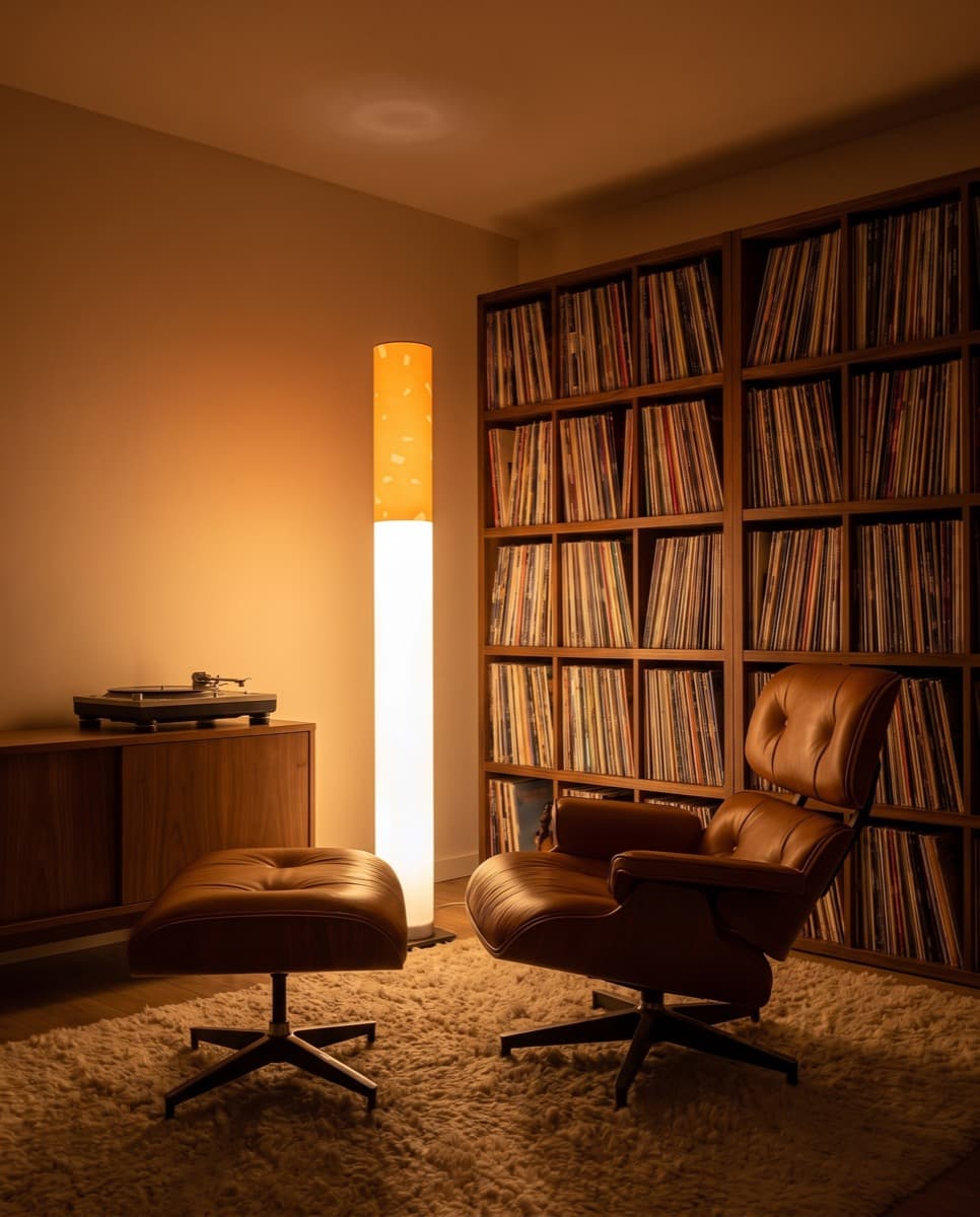 The statement floor lamp glowing beside a leather lounge chair and a wall of vinyl records